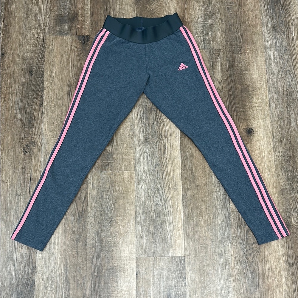 Adidas Gray and Pink Leggings with Signature Stripes